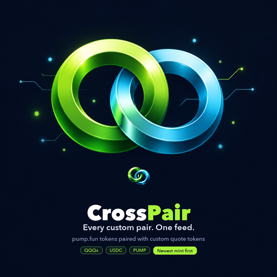 Square CrossPair banner: interlocked lime and cyan metal rings above the CrossPair logo, with the slogan Every custom pair. One feed. and the quote chips QQQx, USDC, PUMP, Newest mint first.