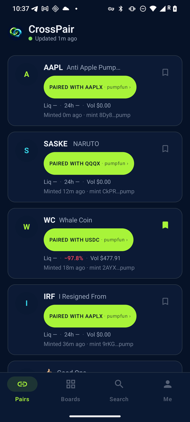 CrossPair Pairs feed: a newest-first list of custom-pair cards, each with a token avatar, symbol and name, a PAIRED WITH quote chip, mint age, liquidity, 24h change and volume. The app bar shows the CrossPair brand and an active monitor dot.