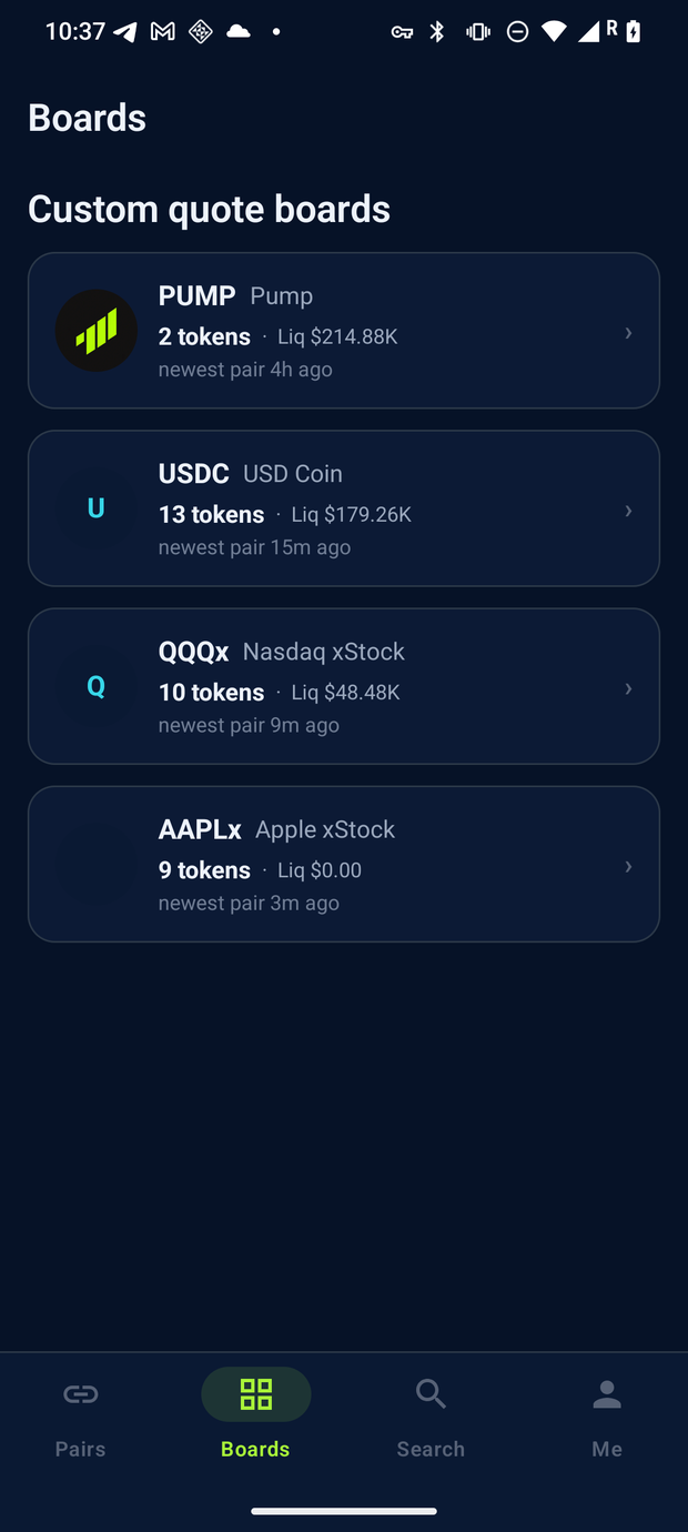 CrossPair Boards screen: quote board cards for PUMP, USDC, QQQx and AAPLx, each showing token count, total liquidity and the age of the newest pair.