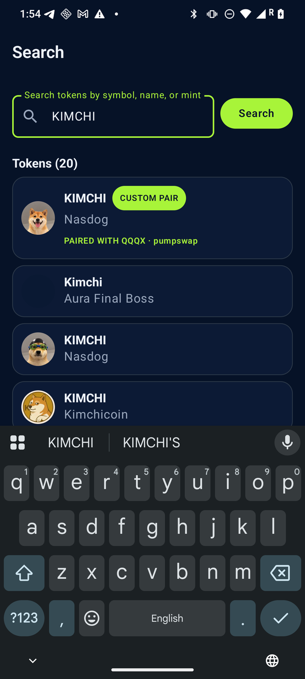 CrossPair Search screen: search results for a symbol, where the monitor-tracked row carries a lime CUSTOM PAIR badge and a PAIRED WITH quote chip while untracked rows stay plain.