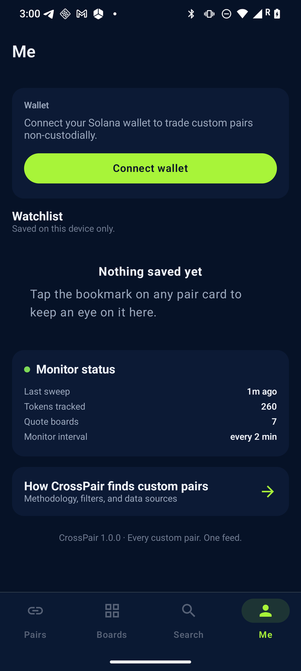 CrossPair Me tab signed out: connect-wallet card, empty device-local watchlist, live monitor status with tokens and boards tracked, methodology link and the app version footer.