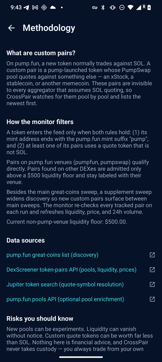 CrossPair methodology screen: plain-English sections explaining what custom pairs are, how the monitor filters them, the data sources with links and the risk disclaimers.