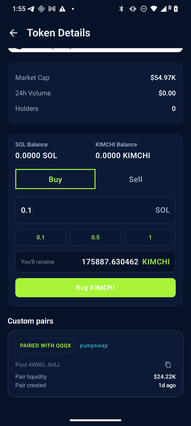 CrossPair token detail Custom pairs section: PAIRED WITH QQQX chip, quote token name, DEX label, pool address and pair-created age rows.